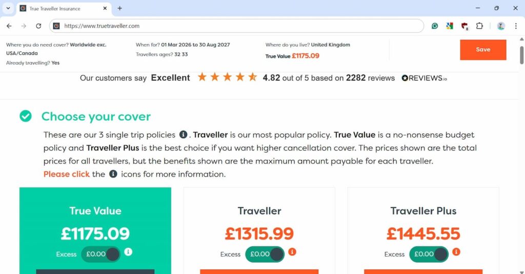 True Traveller insurance quote for 2026/2027