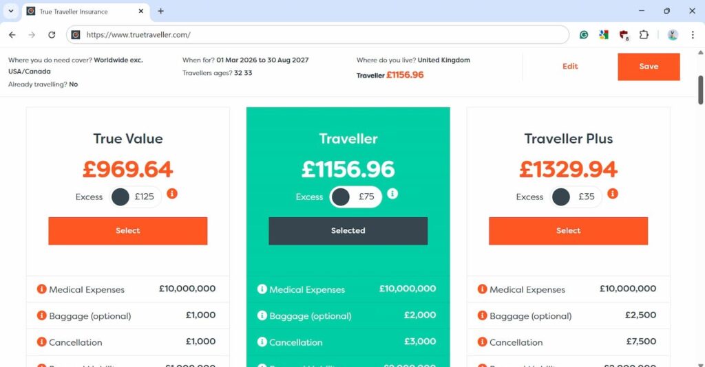 True Traveller insurance quote
