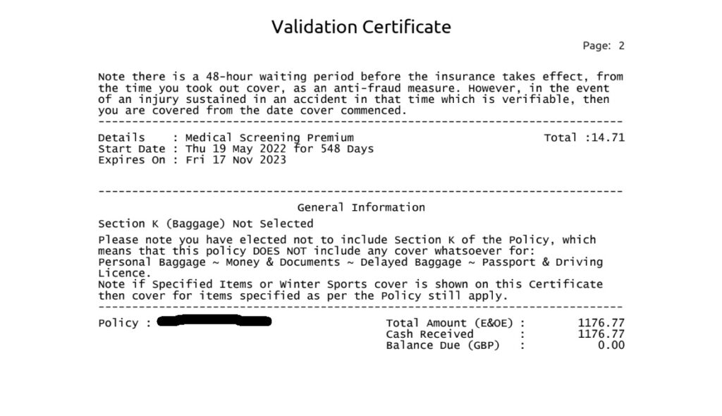True Traveller insurance validation certificate
