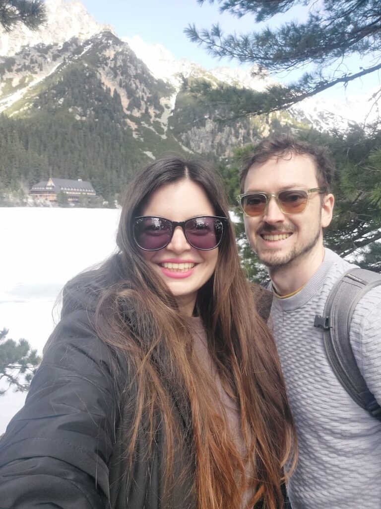 Daniel in a jumper and Mirka in a winter jacket on a spring holiday in the High Tatras