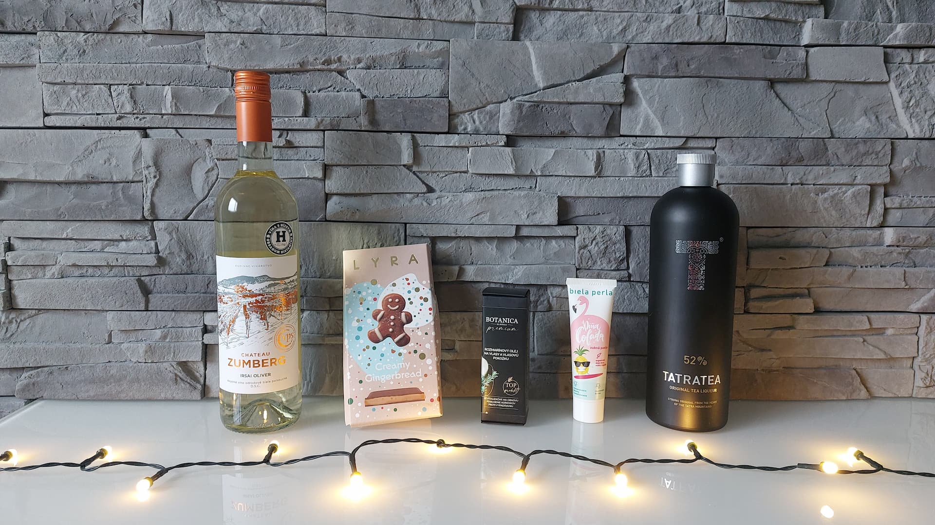 Products made in Slovakia: Slovak wine, Lyra chocolate, Botanica Slavica rosemary hair oil, Biela Perla toothpaste and Tatratea