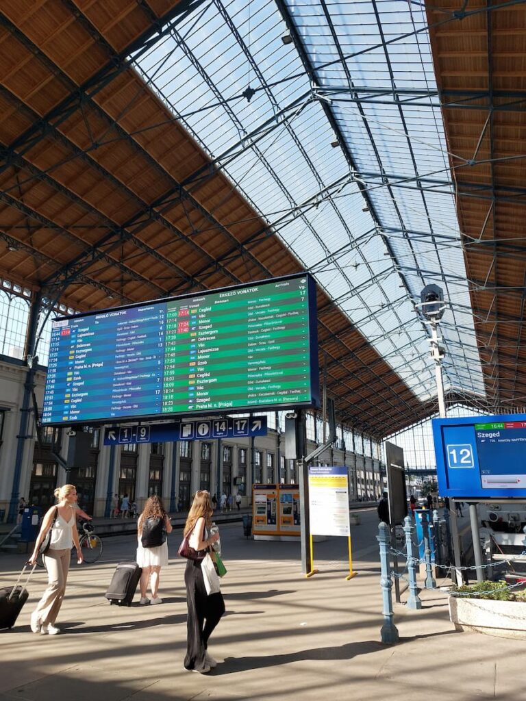 Train departures and arrivals board at Nyugati station in Budapest