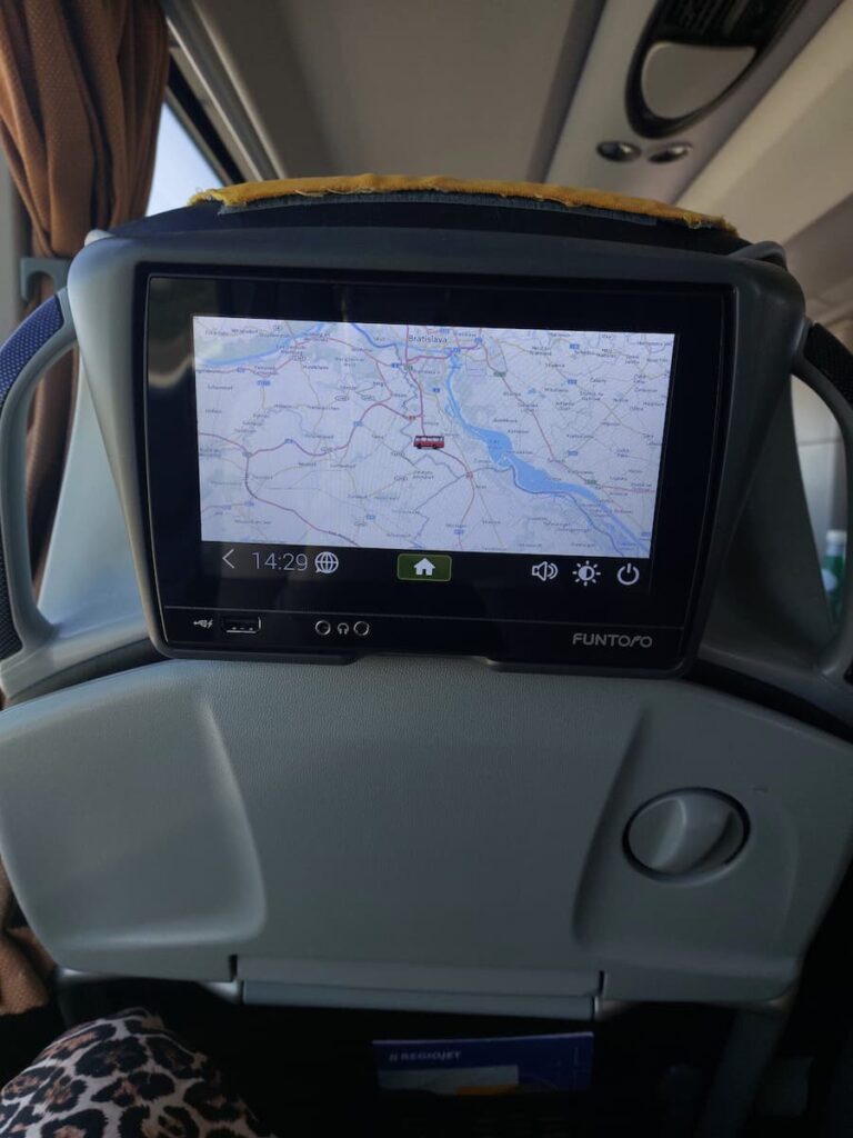 A seat screen on a RegioJet bus