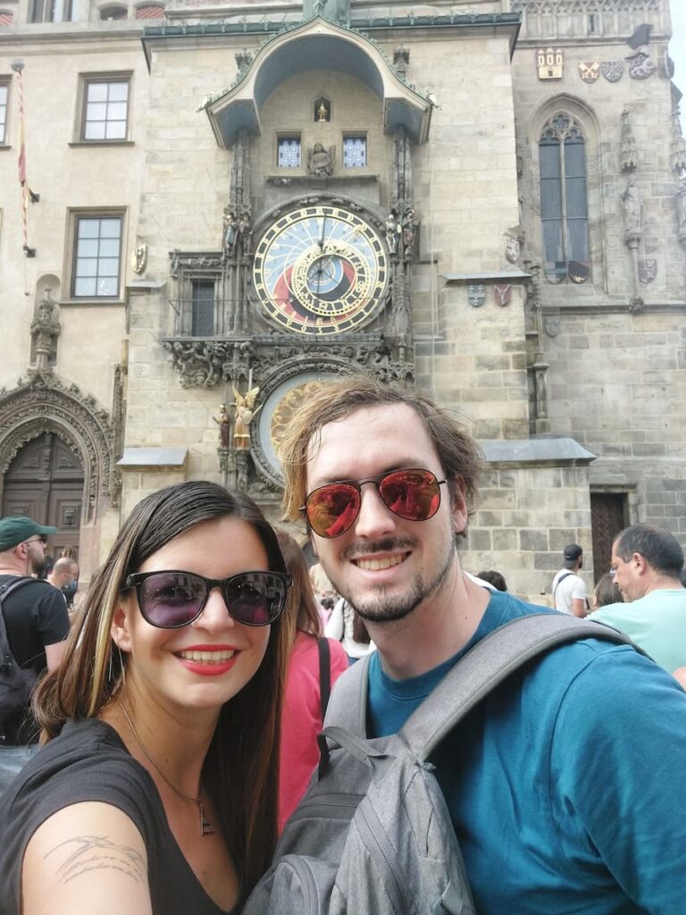 Mirka and Daniel in front of the Astronomical Clock in Prague