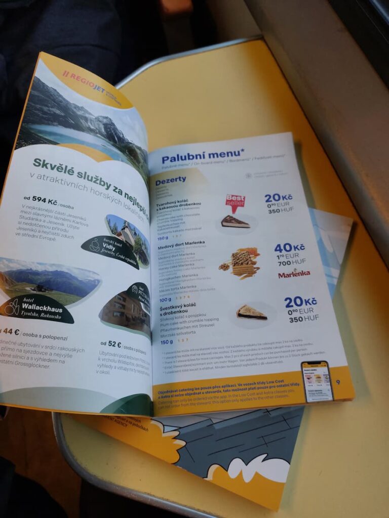 RegioJet food menu with cheap prices