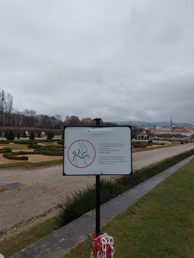 Vienna Christmas Markets from Bratislava: Insider Tips 17 Slipping danger sign at Belvedere Palace gardens